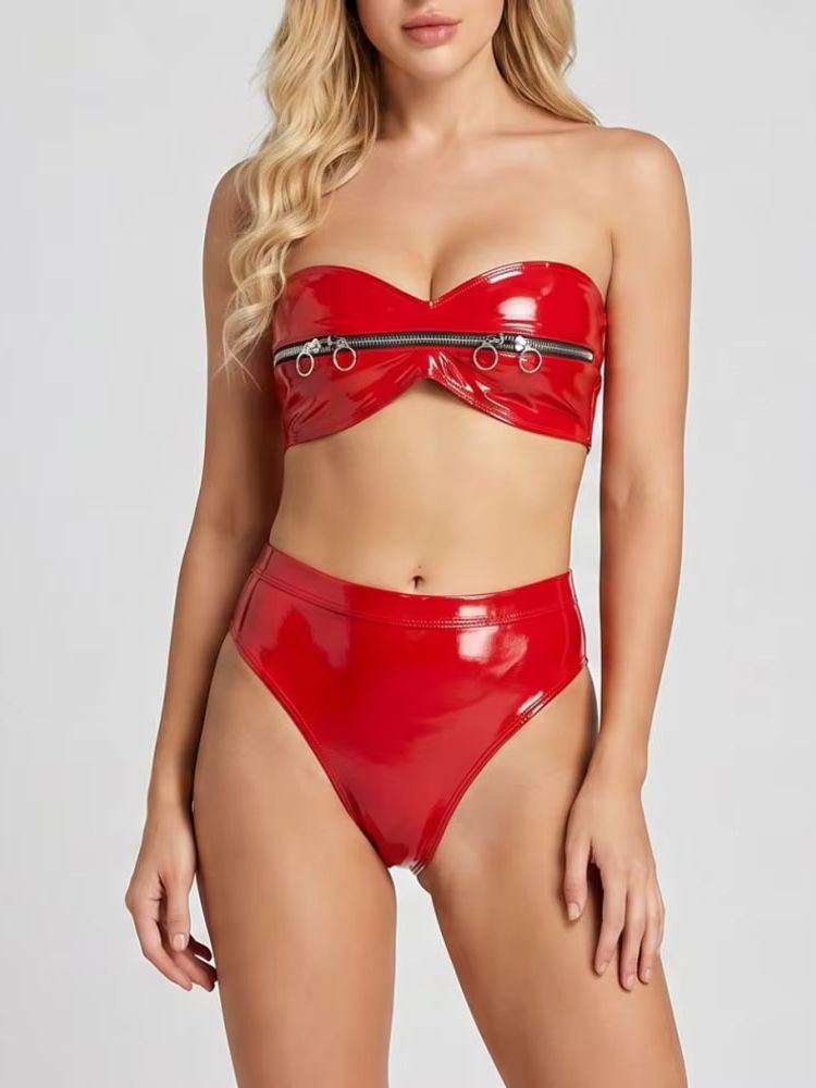 Wet Look PVC Outfit Zipper Bus - Thong Bikini Women のレビューと価格